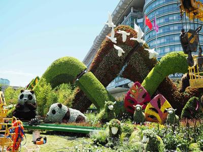 2021年6月17日,北京长安街沿线喜迎建党百年主题立体花坛布置工作正在